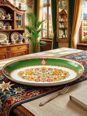 Steinbock Email Enameled Oval Dish Vintage serving dish green orange Austrian